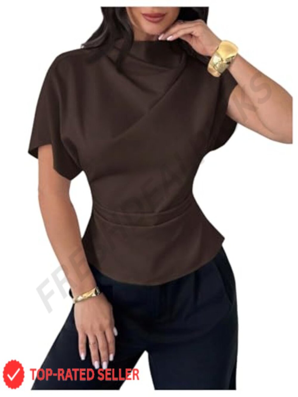 Cinched Waist Blouse Dressy Ruched Dolman Short Sleeve Business Casual Top